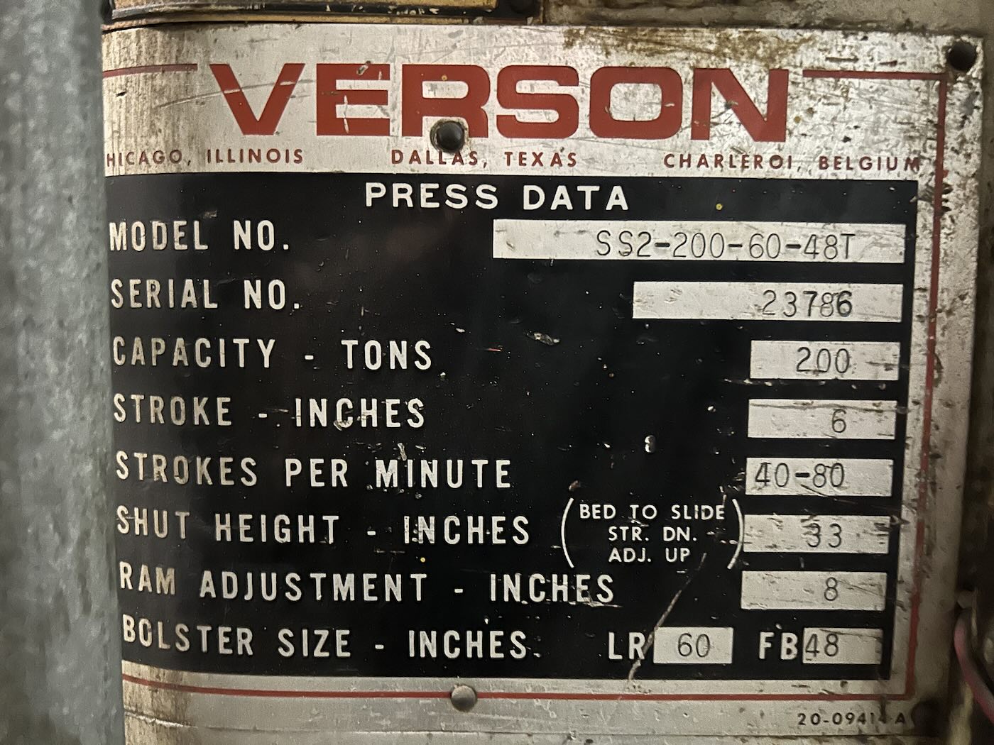 200 Ton Verson Press • Used Verson S2-200-60-48T Press - Image 11